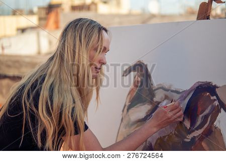 Young Woman Paint Artist Drawing At Home Roof