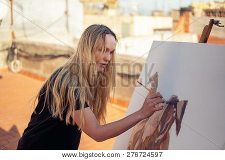 Young Woman Paint Artist Drawing At Home Roof