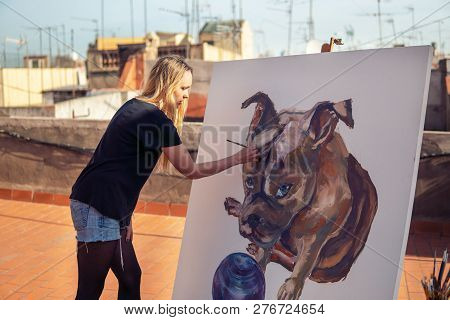 Young Woman Paint Artist Drawing At Home Roof