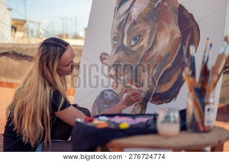 Young Woman Paint Artist Drawing At Home Roof