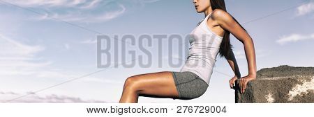 Fitness workout girl training arms triceps with dips . Arms toning for fat burn weight loss program. Woman working out banner panorama.
