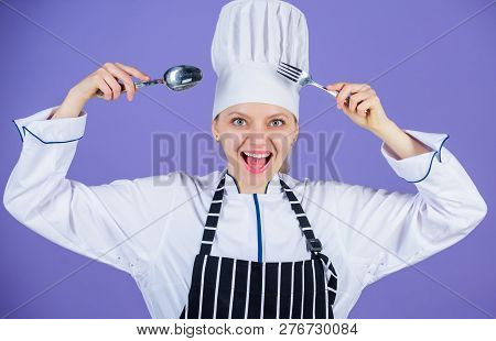 Professional Cook Of Culinary School. Culinary Arts Academy. Woman Professional Chef Hold Utensil Sp
