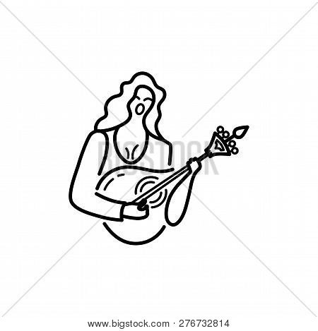 Woman With Guitar Is Singing A Song. Vector Logo Design. Portuguese Sad Song Fado. Line Style Vector