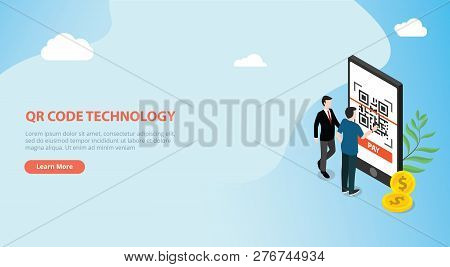 Qrcode Isometric Online Payment Technology Scan With Business Man Team People Standing Side Of Big S