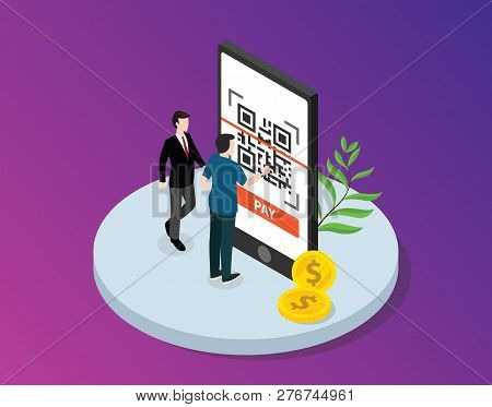 Qrcode Isometric With Business Man Standing Circle Big Smartphone With Scanning Of Mobile Payment Te