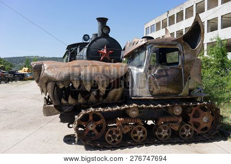 Sevastopol, Crimea-may 31, 2018: Tractor In The Form Of A Wolf At The Exhibition Of Cars In The Muse