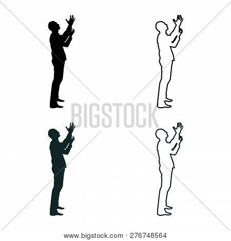 Man Is Turning To Heaven Man Up Arm Appeal To God Pray Concept Silhouette Icon Set Grey Black Color 
