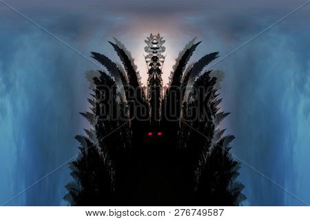 Scary Background With Ghost With Red Eyes In Dark Tones. Night Silhouette Of Creepy Monster In Shado