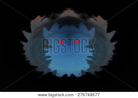 Scary Background With Ghost With Red Eyes In Dark Tones. Night Silhouette Of Creepy Monster In Shado