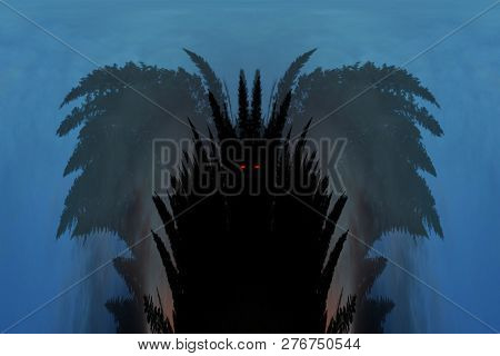 Scary Background With Ghost With Red Eyes In Dark Tones. Night Silhouette Of Creepy Monster In Shado