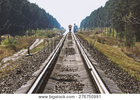 Mystic Train Travels By Rail Along Forest. Railway Traffic Light And Locomotive On Railroad In Dista