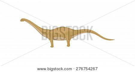 Flat Vector Design Of Mamenchisaurus Or Diplodocus, Side View. Wild Animal From Jurassic Period. Pre