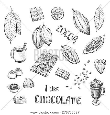 Vector Set Of Hand Drawing Cocoa And Chocolate. Isolated Sketches On White Background