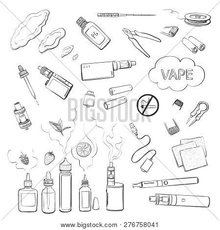 Vector Collection Of Hand Drawings Vape. Electronic Cigarettes And Accessories To Them On A White Ba