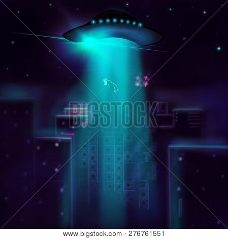 Raster Illustration, A Flying Saucer Abducts A Person In A Night City.
