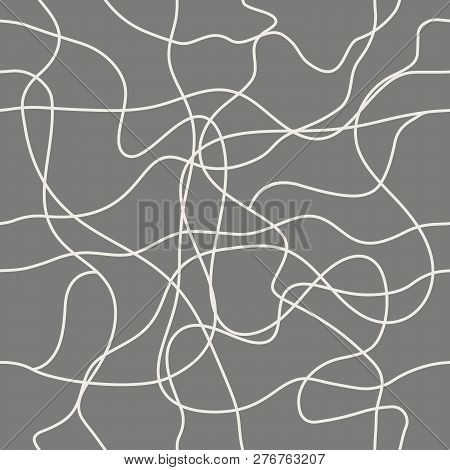 Seamless Geometric Pattern, Tangled Lines Waves Threads On Gray Background, Stripes Abstract Templat