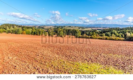 Typical Red Soil Of Countryside Around Nova Paka. Agricultural Landscape With Giant Mountains On The