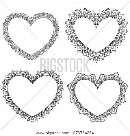 Set Paattern In Form Of Heart For Henna, Mehndi, Tattoo, Decoration - Frame. Decorative Ornament In