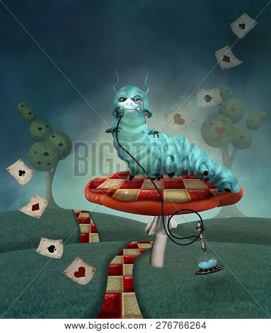 Wonderland Series - Caterpillar On A Mushroom In A Country Landscape - 3d Mixed Media Illustration