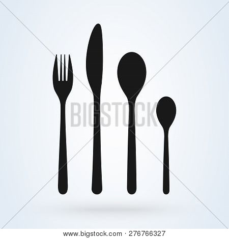 Set Of Fork, Knife And Spoon Isolated On White. Vector Icon Illustration.