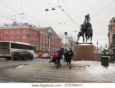 St. Petersburg, Russia - December 29, 2018. Anichkov Bridge