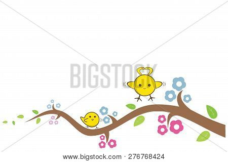 Yellow Bird Cute Flying To The Island On A Branch, Vector Illustration