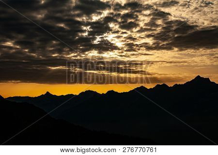 Beautiful Summer Mountains Landscape During Sunrise In Stubai Tyrol Alps Near New Regensburger Mount