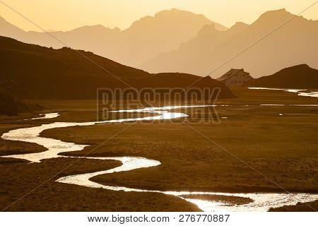 Beautiful Summer Mountains Landscape During Sunrise In Stubai Tyrol Alps Near New Regensburger Mount