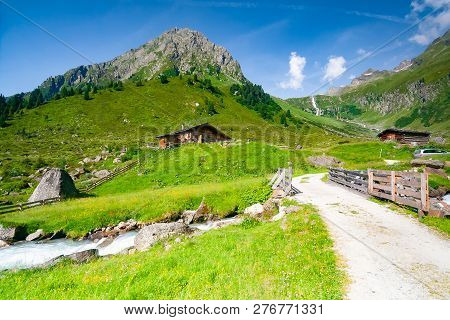 Beautiful Summer Mountains Landscape In Stubai Tyrol Alps Near New Regensburger Mountain Hut, Austri