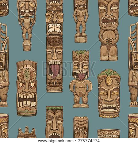 Collection Of Wooden Tiki Idols. 
Seamless Pattern