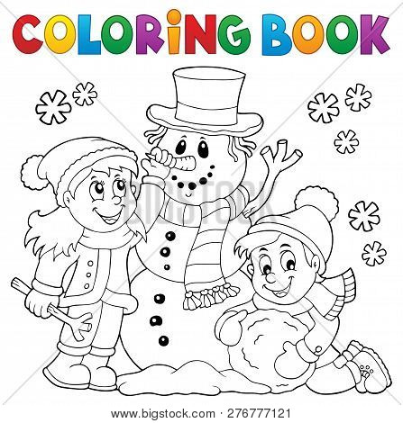 Coloring Book Kids Building Snowman 1 - Eps10 Vector Picture Illustration.
