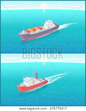 Steamboat Marine Transport Vessel And Cargo Ship Sailing And Leaving Traces In Water. Transportation