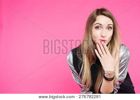 Emotionaly Teen Girl Suprised Looking At Camera Hiding Mouth By Hand.
