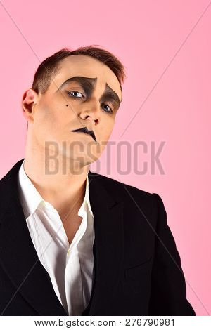 Expressive Glance. Mime Artist. Man With Mime Makeup. Mime With Face Paint. Theatre Actor Miming. St