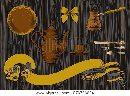 Coffee collection. Cup of coffee, spoon, coffee pot, arabic turk. Coffee concept. Vintage engraving stylized drawing. 