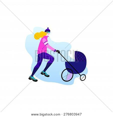 Winter Running And Motherhood Concept. Young Athletic Woman With Stroller Doing Jogging. Mom Is Runn