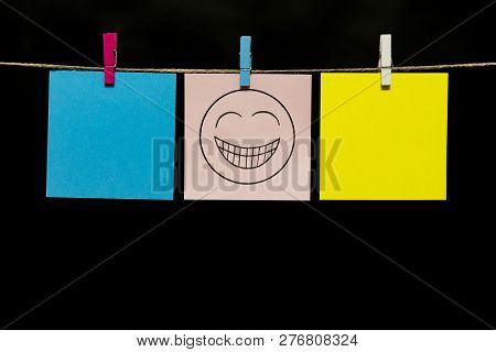 Copy Space. Three Multicolored Stickers. On Gray Page On The Face Is An Expression Of Gaiety. Sticke