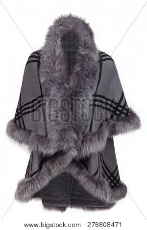 Woman's winter cape with faux fur, isolated on white