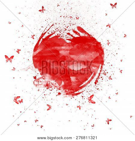 Abstract Watercolor Splashes Red Heart . Heart With Colorful Butterflies.