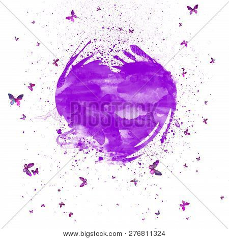 Abstract Watercolor Splashes Violet Heart . Heart With Colorful Butterflies.