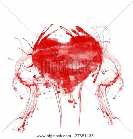Acrylic Watercolor Red Heart With Splashed Blood.