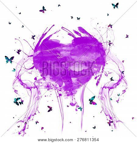 Abstract Watercolor Splashes Purple Heart . Heart With Colorful Butterflies.