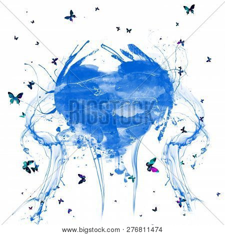 Abstract Watercolor Splashes Blue Heart . Heart With Colorful Butterflies.