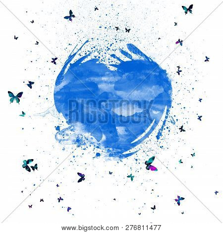 Abstract Watercolor Splashes Blue Heart . Heart With Colorful Butterflies.