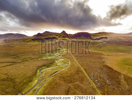 Aerial View Of The River Lealt And Single Track At Loch Cuithir And Sgurr A Mhadaidh Ruadh - Hill Of