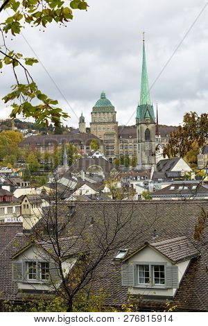 Zurich, Switzerland - Oct 130th, 2018: Classic Beautiful And Colorful Swiss Cityscape Or Landscape A