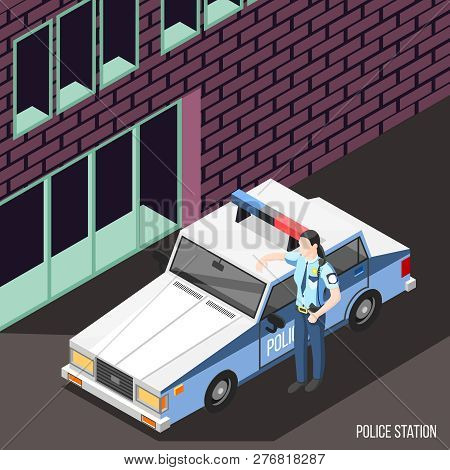 Police Station Isometric Background With Female Character In Policeman Uniform Standing Near Police 