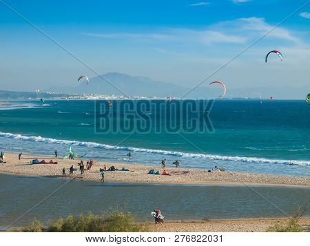 Tarifa, Spain - January 2, 2019: Tarifa Is Also A Popular Winter Destination For Surfers And Kite Su