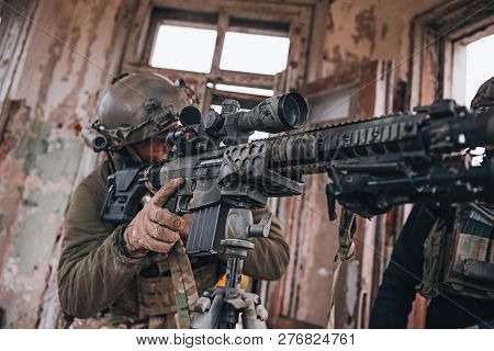 Sniper Aiming From Sniper Rifle. Selective Focus