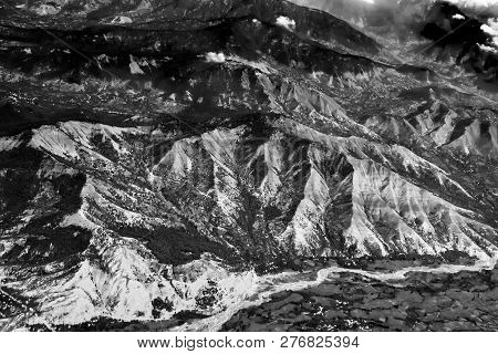 Aerial View Of Himalayan Mountains Of Ladakh, Green Landscape With Mountain Peaks And Indus River Fl